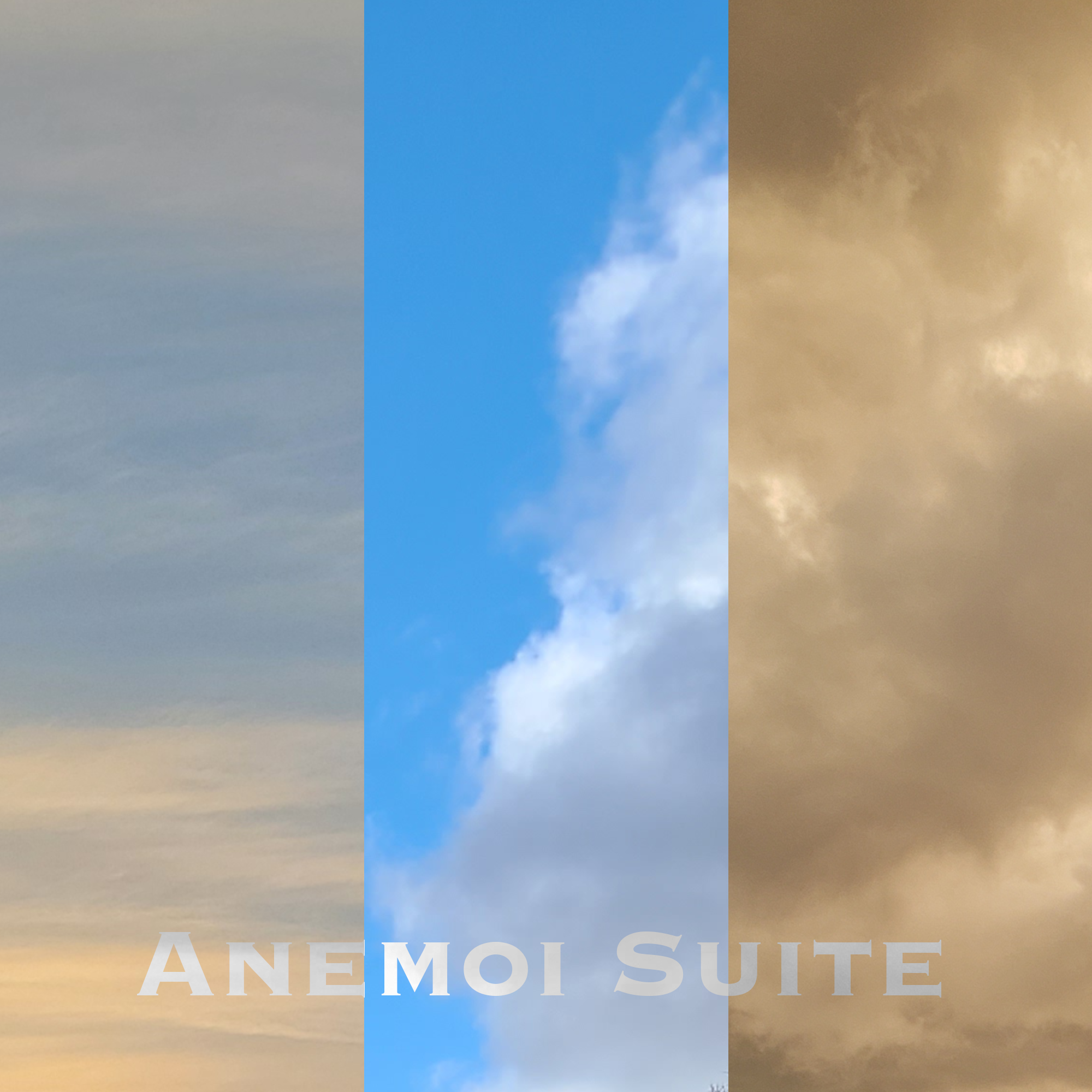 Album cover for 'Anemoi Suite', consisting of three photos of the sky, each filling one third of the image