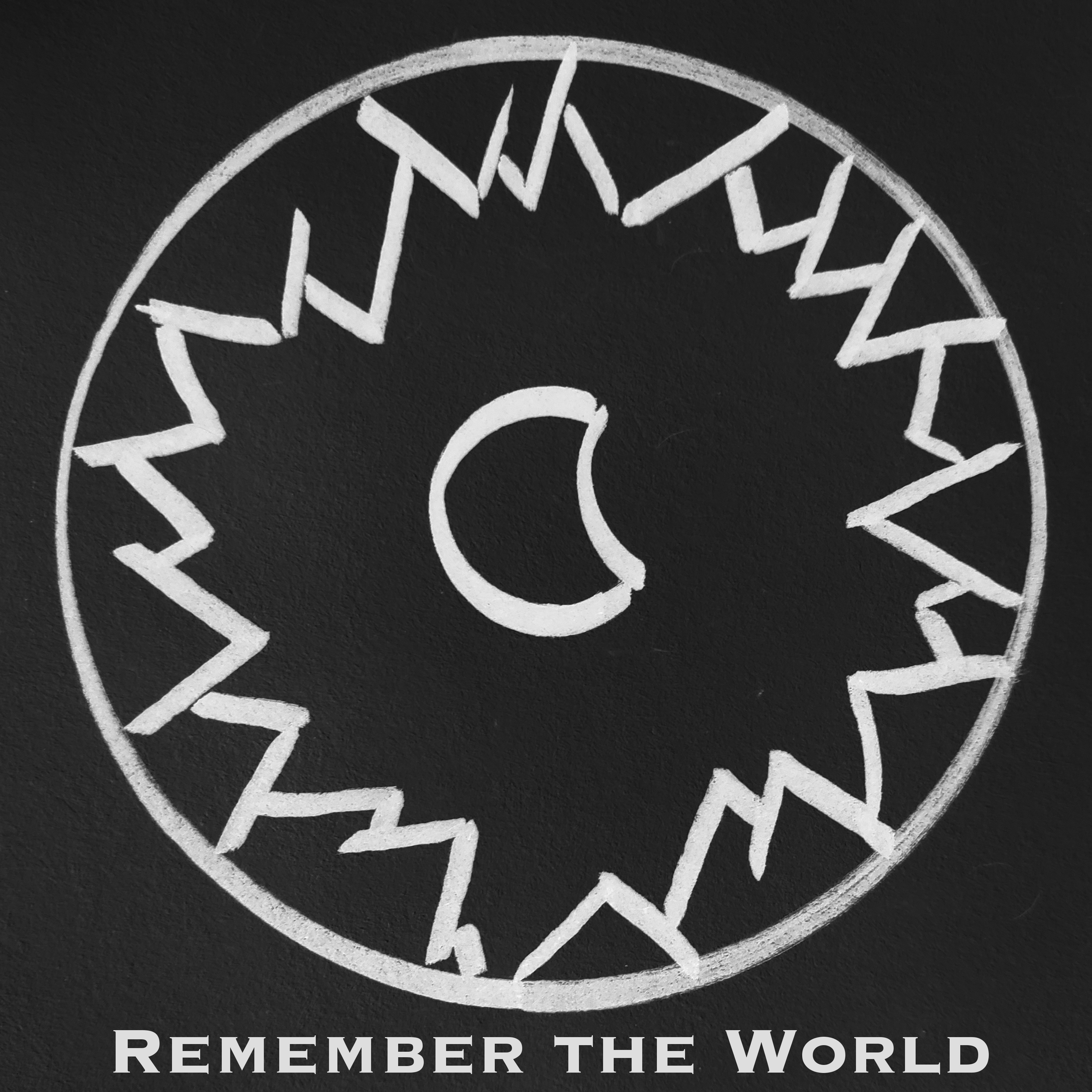 Album cover for 'Remember the World', consisting of a stylized moon in the center of a circle lined with irregular inward-facing triangles, drawn in white on black